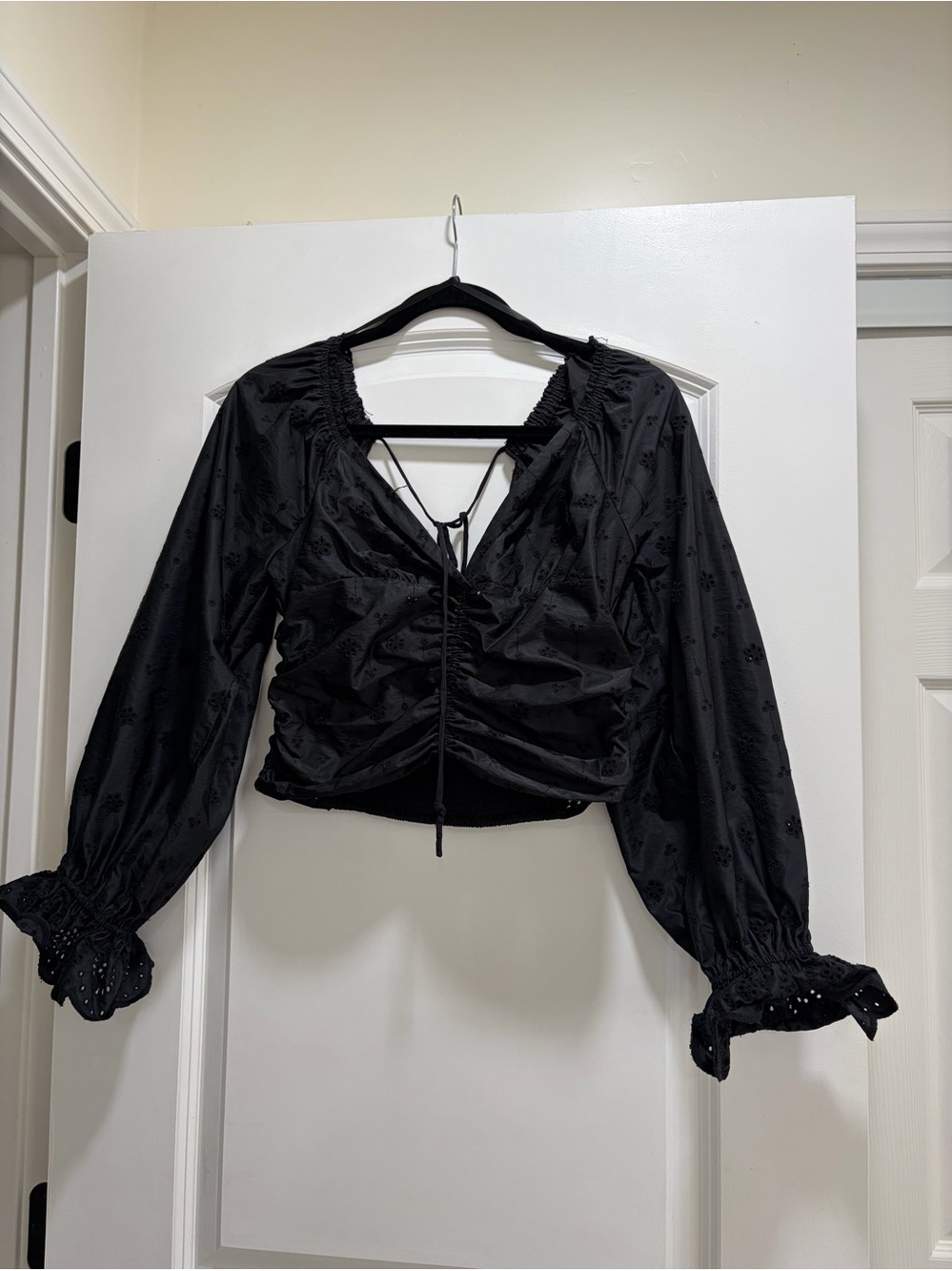 Free People Bella Eyelet Smocked Cropped Puff Sleeve Top Black